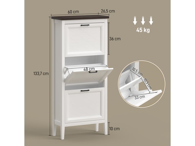  Meuble à chaussures 18 paires, armoire à chaussures étroite avec 3 tiroirs rabattables et étagères réglables, blanc  - Conforama D