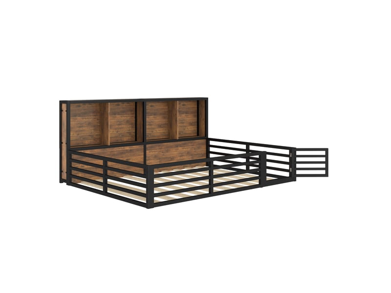  Lit banquette noir 140 × 200 cm en métal, sommier à lattes, garde-corps et rangement latéral  - Conforama D