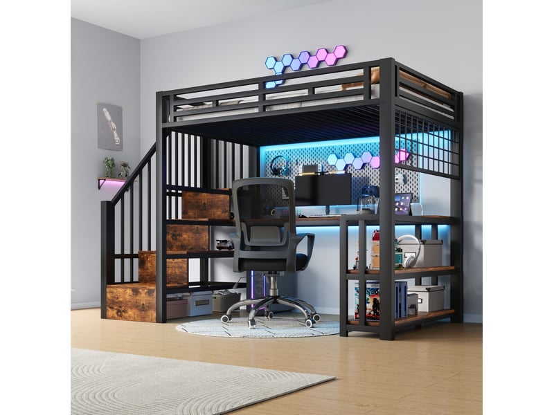  Lit mezzanine enfant 90 x 200 cm avec bureau, rangement, led et ports usb, noir  - Conforama E