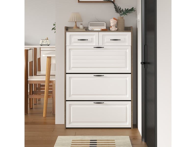 Meuble à chaussures 80x23,5x131 cm en panneaux de particules avec 3 abattants et 2 tiroirs blanc et naturel chicfurn  - Conforama E