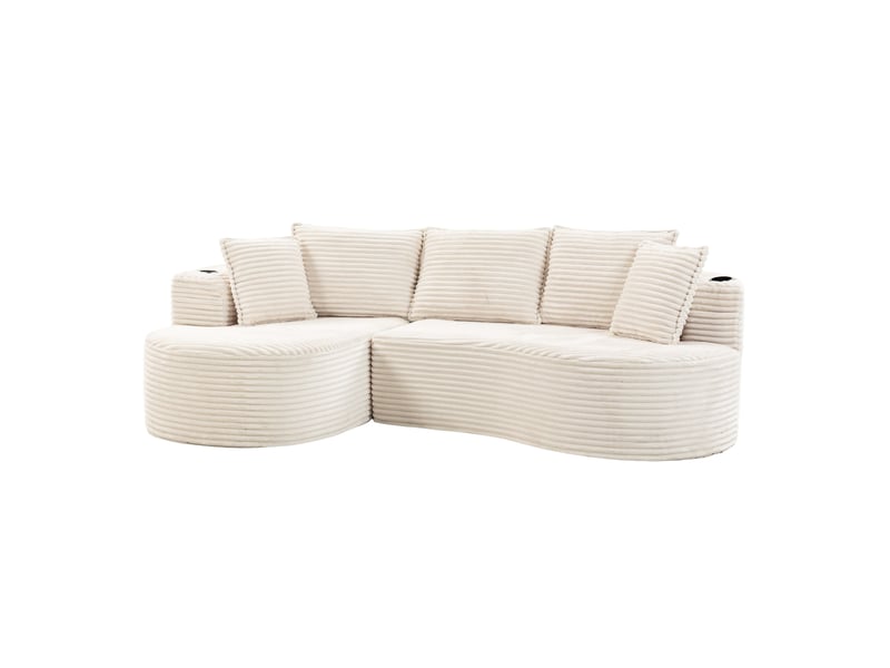  Canapé fixe incurvé 3 places en velours côtelé beige, avec porte-gobelets et poches latérales pour le salon  - Conforama A