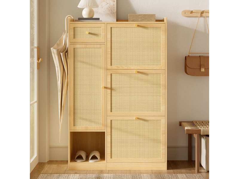 Meuble à chaussures en rotin 3 abattants 1 tiroir, armoire de rangement étroite 25cm pour entrée, naturel - Conforama E