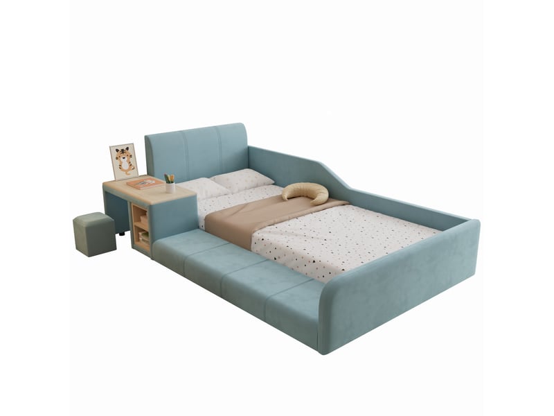  Modenvie lit enfant 90x200 cm - avec bureau latéral, tabouret et rangements - sans matelas - bleu  - Conforama A