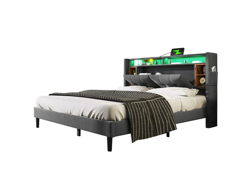  Lit double rembourré 160*200cm avec tête rangeante, usb, led, sommier bois, gris, sans matelas  - Conforama A