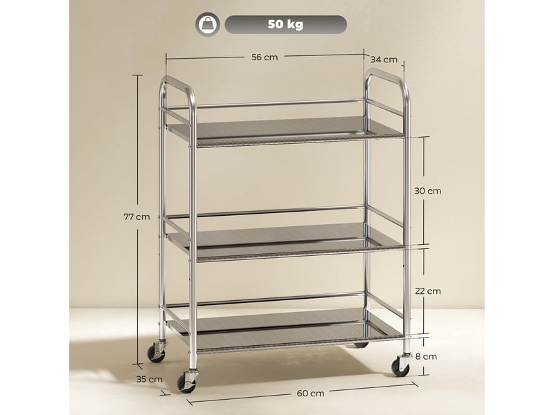  Desserte cuisine, chariot de service à 3 niveaux en acier inoxydable 201 avec poignées, roues, 60 x 35 x 77 cm, argenté  - Conforama C