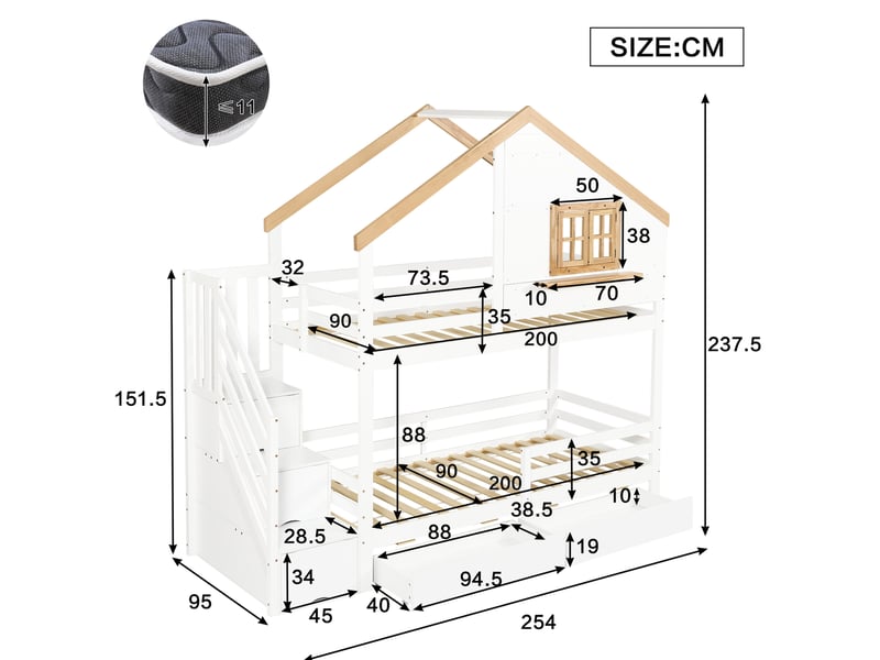  Lit superposé 90x200 cm avec escalier de rangement, pin et mdf, blanc et naturel  - Conforama E