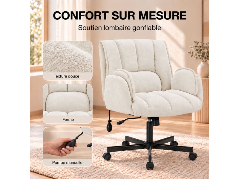  Fauteuil ergonomique tissu accoudoirs rabattables, coussin lombaire gonflable, assise large, pivot 360° 150kg-beige  - Conforama C