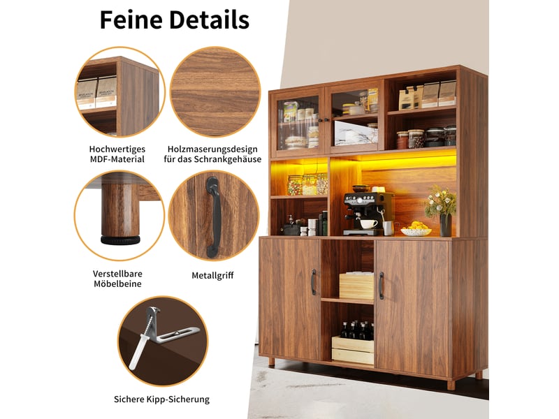 Buffet haut rétro coloris noyer, 140x40x185 cm, mdf et verre trempé, portes coulissantes, led et rangement de porte - Conforama C