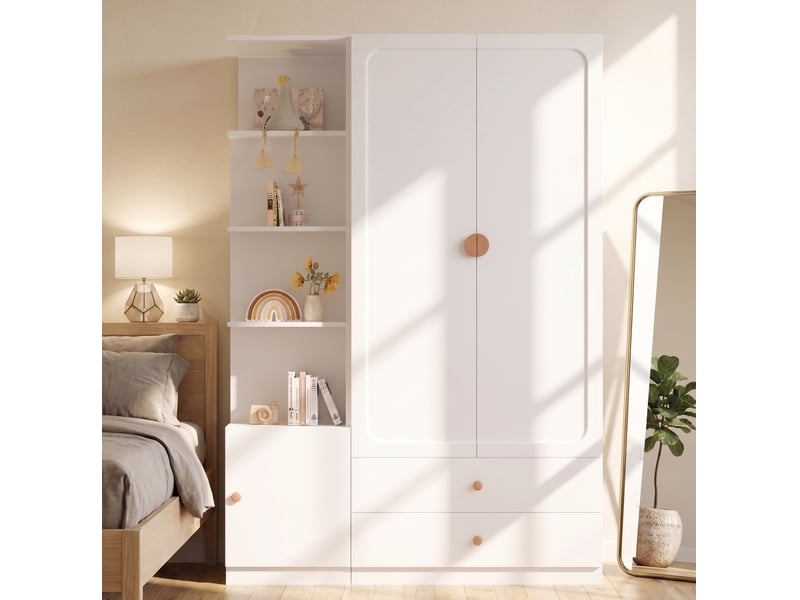  Armoire avec 2 penderies, 2 tiroirs et grand rangement ouvert modulable pour chambre en mdf blanc 135 × 45 × 200 cm  - Conforama B