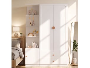 Armoire avec 2 penderies, 2 tiroirs et grand rangement ouvert modulable pour chambre en mdf blanc 135 × 45 × 200 cm