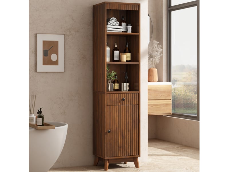  Armoire de salle de bain avec porte réversible, tiroir, niches ouvertes et fermeture douce, noyer, 40 × 36 × 172 cm  - Conforama B