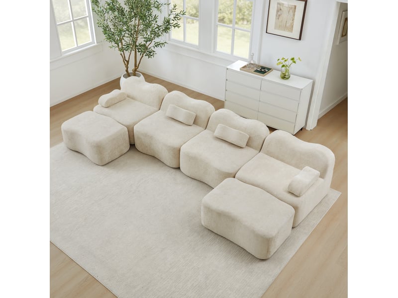 Canapé d’angle modulable u 4 places 384x167x70 cm, assise profonde, mousse 32d, 2 poufs, velours, beige - Conforama D