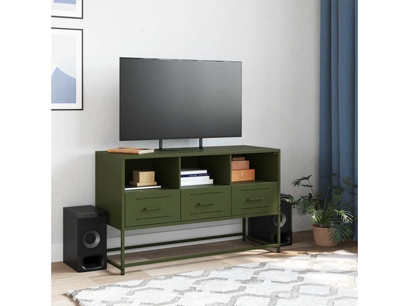  Meuble tv - banc tv - meuble de rangement vert olive 100,5x39x60,5 cm acier  - Conforama C