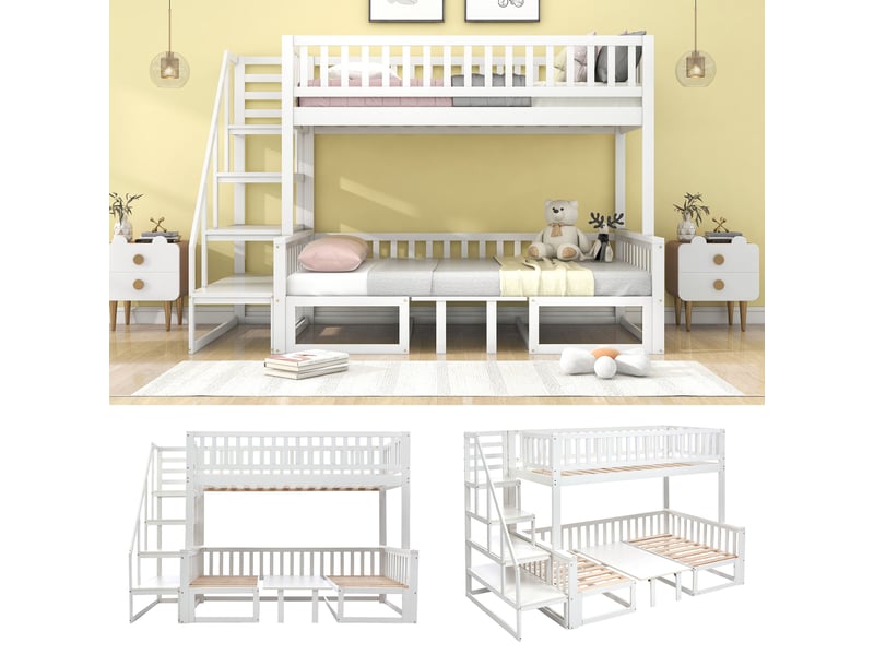  Lit superposé 90120x200 cm - lit combiné enfant avec escalier de rangement, bureau rabattable et banquette - sans matelas - bois pin + mdf - blanc  - Conforama D
