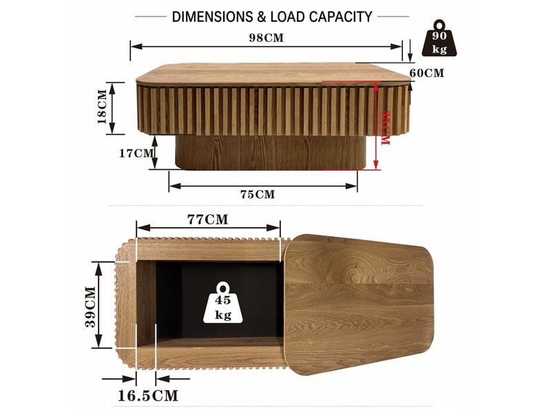  Table basse rectangulaire 98x60x35 cm avec rangement dissimulé mdf et bois naturel  - Conforama E
