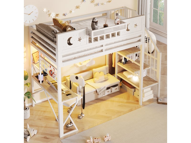  Lit mezzanine 90x200 cm, lit enfant, bureau, panneau perforé, étagères, barrière antichute, port usb, bois et métal blanc  - Conforama R