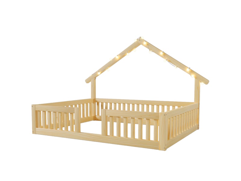  Lit cabane enfant 140x200 cm avec barrière et led, mdf et pin naturel, sans matelas  - Conforama E
