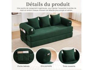 Canapé modulable compressé 200 x 94 x 67 cm vert émeraude en velours côtelé, structure métal, 3 coussins et poche