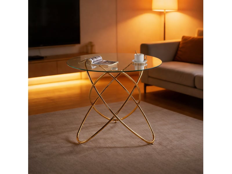  Table à manger ronde 80 cm en verre trempé avec pieds métal doré, hauteur 75 cm  - Conforama B