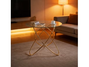 Table à manger ronde 80 cm en verre trempé avec pieds métal doré, hauteur 75 cm