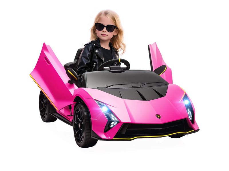  Voiture électrique pour enfants de 3 à 6 ans, lamborghini authentique 12 v avec double moteur, portes papillon, suspension, rose  - Conforama B