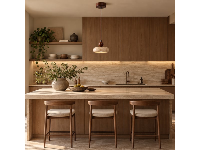  Suspension design ronde en travertin et bois effet noyer iris  - Conforama B