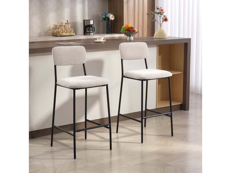  Ensemble de 2 tabourets de bar avec dossier haut, repose-pieds et revêtement en chenille, couleur crème  - Conforama D