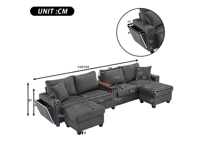  Canapé d'angle en u modulable 4 pl avec 2 poufs, led, prise, lampe de lecture, rangement, tissu velours côtelé, gris  - Conforama C