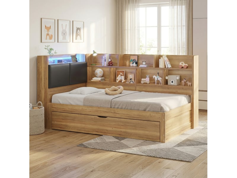  Lit gigogne enfant 90x200 avec rangement, led et ports usb type-c naturel cravdom  - Conforama D