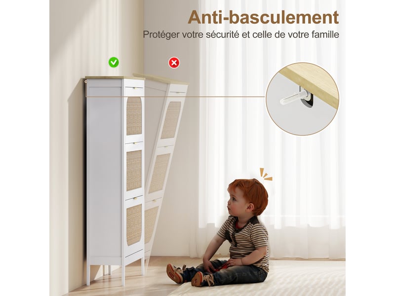  Meuble à chaussures 21 paires bohème avec 3 tiroirs rabattables, portes effet cannage rotin, blanc, 80 x 24 x 131 cm  - Conforama W