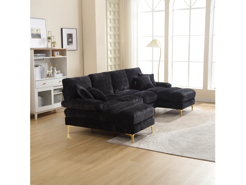  Canapé panoramique u 4 places en chenille noire avec double méridienne  - Conforama E