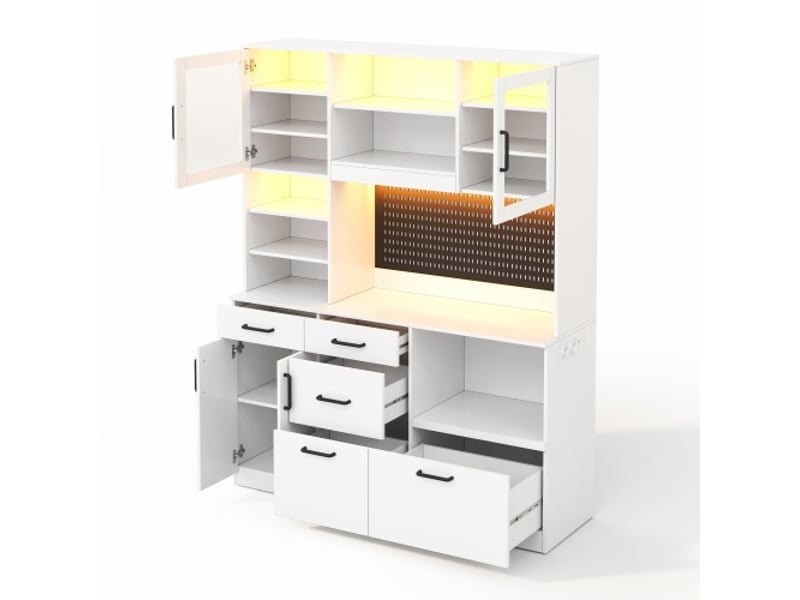  Buffet de cuisine blanc 185x145x40 cm – prise et led, 5 tiroirs, étagères réglables, panneau perforé  - Conforama E