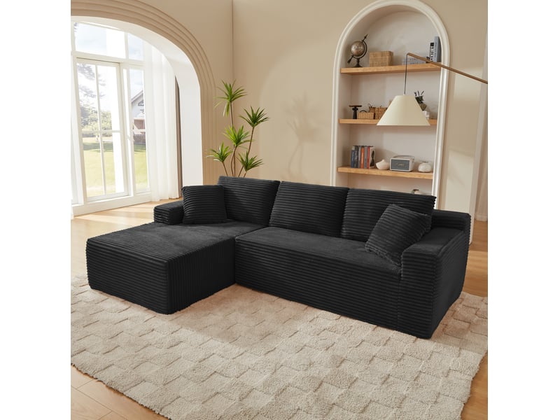  Canapé d'angle ulevr modulable 4 places avec méridienne xxl, 252,5 x 163 x 65 cm, mousse à mémoire de forme et ressorts, noir  - Conforama B
