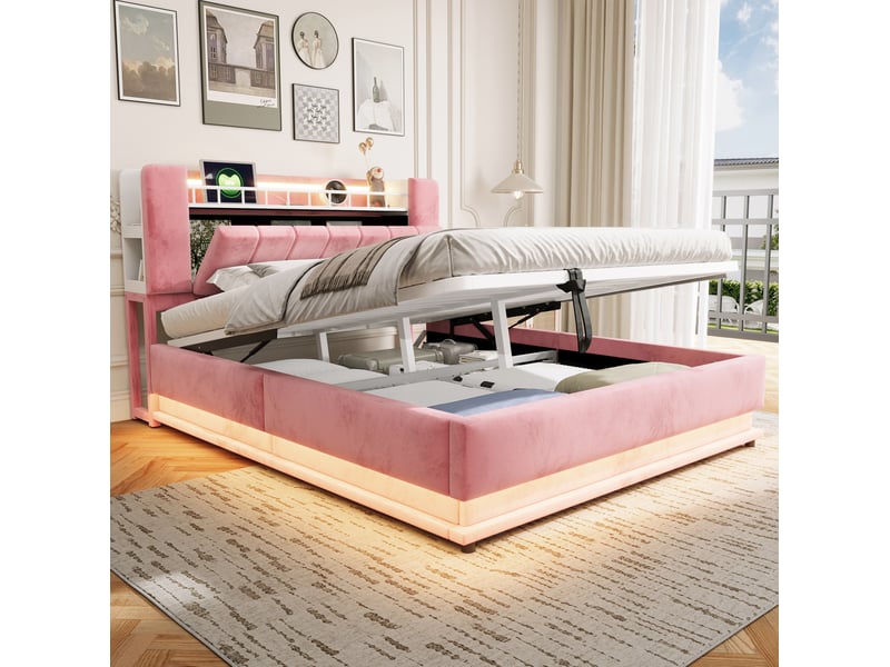  Lit double 160 × 200 cm avec coffre hydraulique, led, prises usb et rangement tête de lit en velours rose chambre  - Conforama E