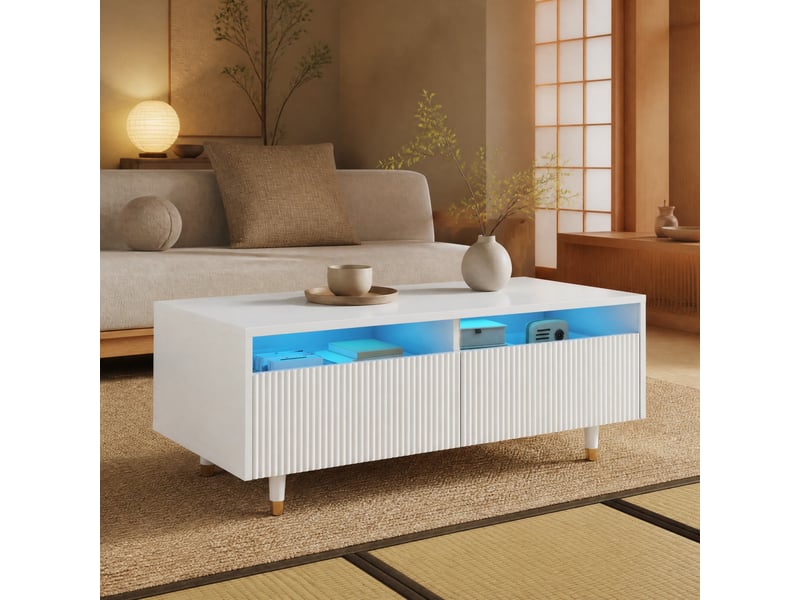 Table basse moderne avec 2 tiroirs et led multicolore contrôlée par application, pour salon, mdf, blanc, 110×50×40 cm - Conforama B