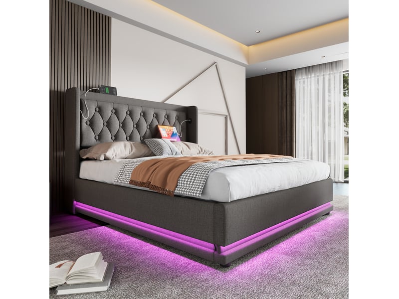  Lit coffre tcqpz 160 x 200 cm gris en coton, tête de lit capitonnée, usb type-c, led 3 côtés  - Conforama E