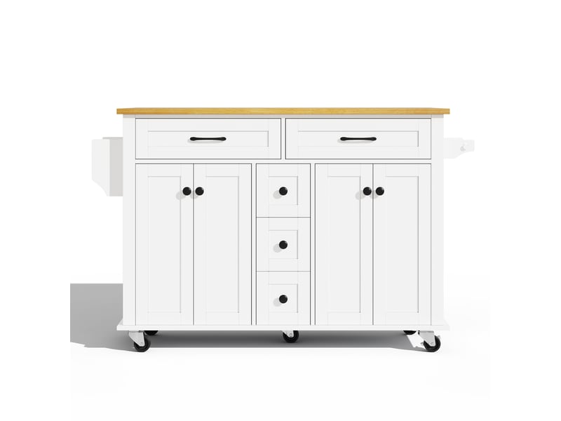  Desserte de cuisine en bois 120x65 cm - sur roulettes, plateau pliant et 5 tiroirs, rangements pratiques  - Conforama A
