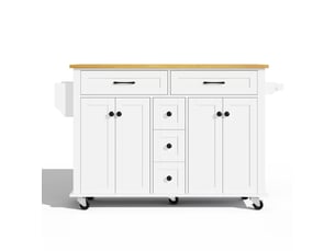 Desserte de cuisine en bois 120x65 cm - sur roulettes, plateau pliant et 5 tiroirs, rangements pratiques