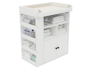Commode à langer blanche 82 x 50 x 100 cm en mdf, poignées noires, barrière amovible et rangements multiples