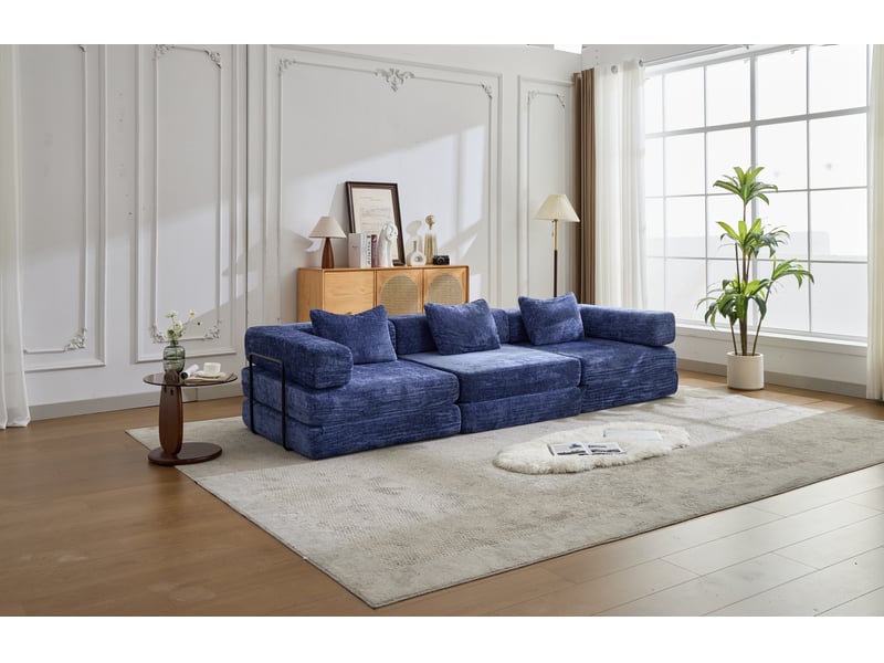  Canapé-lit compressé convertible 3 places, cadre fixe, modulable sans armature, chenille, sans montage, bleu foncé  - Conforama B