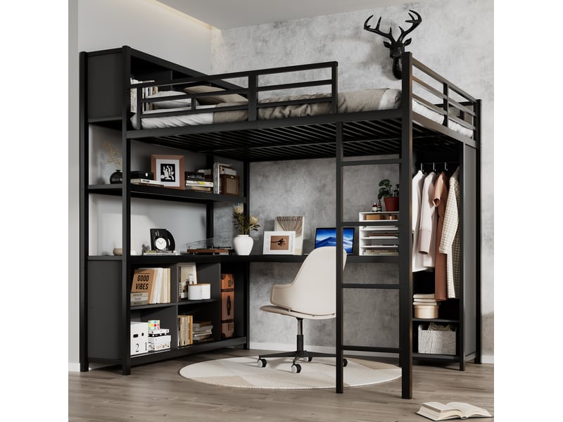  Lit mezzanine 140x200 cm avec bureau, rangement double niveau et armoire en métal et panneau de particules noir  - Conforama D