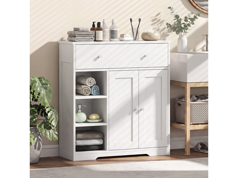  Meuble bas salle de bain effet bois blanc 2 portes 3 niches tiroir  - Conforama B