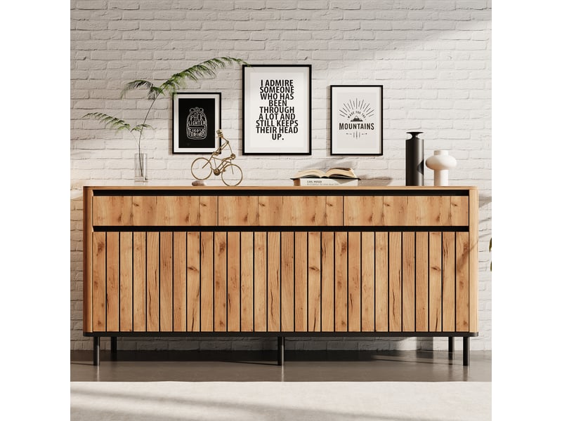 Buffet bas 160x40x73 cm,3 portes à lamelles,3 tiroirs,6 pieds en métal,bords arrondis,mdf effet chêne,salon salle à manger - Conforama B