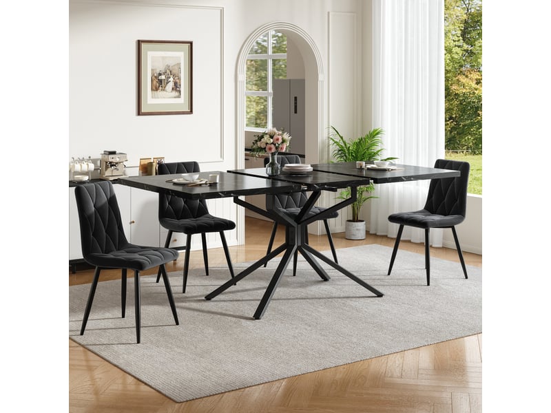  Table à manger de cuisine 120–160x90 cm - extensible - piètement métallique étoilé - patins réglables - mdf et métal - noir  - Conforama E