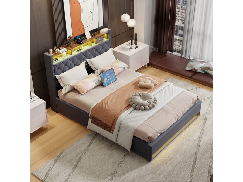  Lit double 160x200 cm en velours gris foncé avec tête de lit rembourrée homvra  - Conforama E