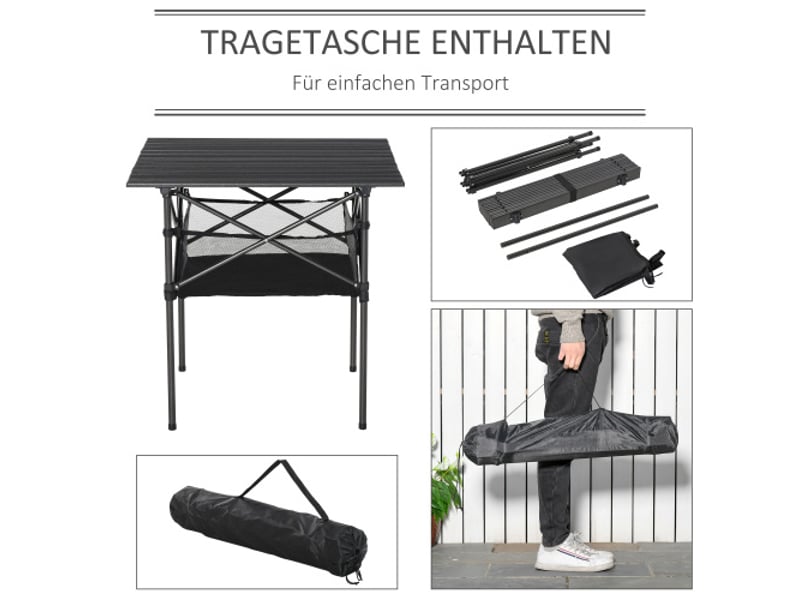 Table de camping pliante en aluminium noir, légère, portable, avec filet, 70x70x69 cm - Conforama E