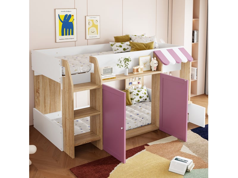  Lit mezzanine enfant 90 x 200 cm blanc, rose et couleur bois avec échelle et rangement  - Conforama C