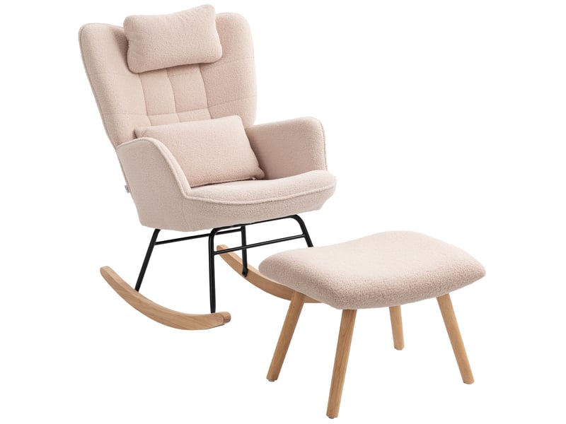  Fauteuil à bascule avec repose-pieds, revêtement en polaire douce, pieds en bois, coussin, dossier haut, beige  - Conforama A