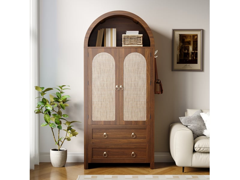 Meuble de rangement avec 2 portes en rotin, 2 tiroirs, étagères réglables et crochets pour salon en mdf noyer - Conforama E