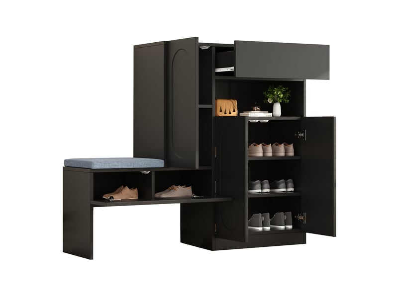  Meuble à chaussures ulevr 2-en-1 avec banc, portes à fermeture douce, 130 x 35 x 110 cm, panneaux de particules noirs  - Conforama A